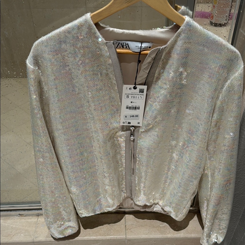Zara Cream Bomber Jacket with Shimmering Finish